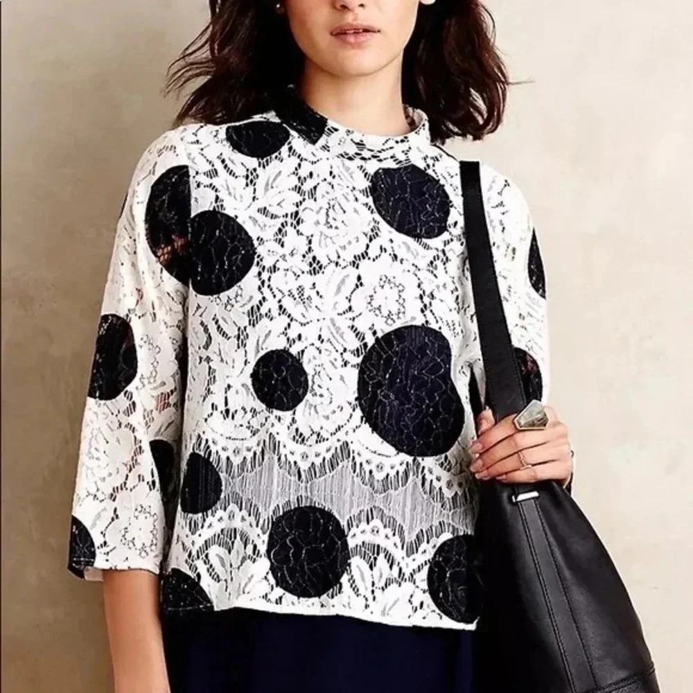 Anthropologie HD In Paris Rochelle Polka Dot Lace Top Blouse Navy Size 4 Small